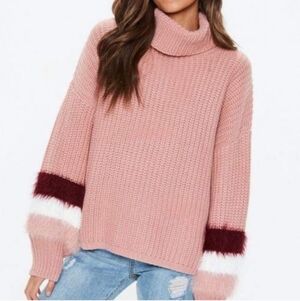 New Without Tags Missguided Pink Turtleneck Sweater With Fur Sleeves